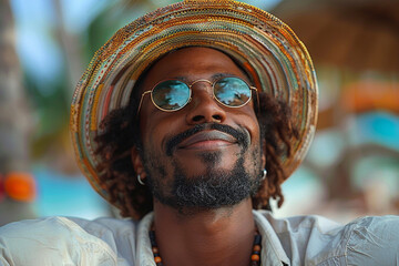 A man with a relaxed smile and carefree posture, embracing the present moment with joy