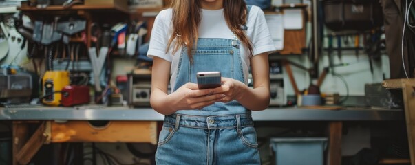 A young woman wear in work clothes using her smartphone. Works in a workshop.