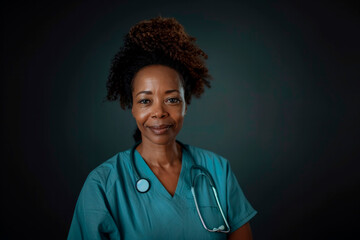 Confident African American nurse smiling at camera. Generative AI image