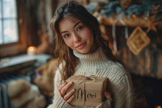 Pretty young woman holding a gift box with a cozy winter background.