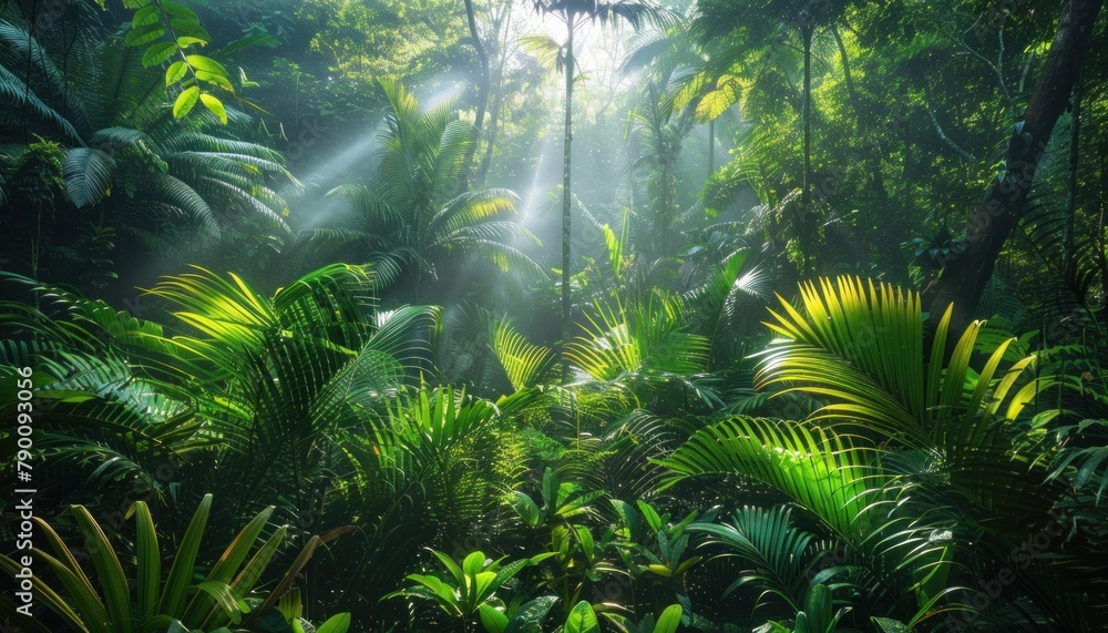 Poster sun rays filtering through jungle trees creating natural landscape