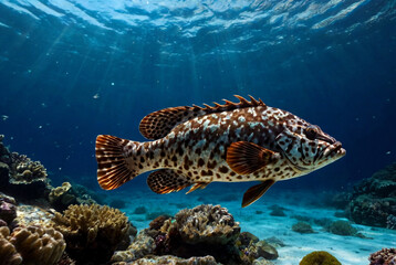 Malabar grouper swimming in tropical underwaters. Grouper in underwater world. Observation of...