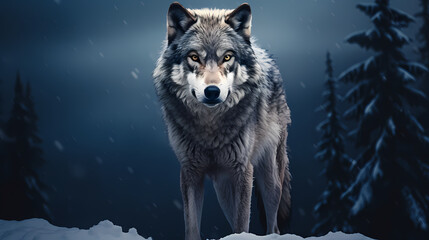 A majestic wolf standing in a snowy mountain landscape