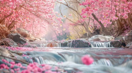 Cherry Blossoms Over Tranquil River in Misty Forest.