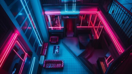 A bird's-eye view of a neon-lit hotel room, with the glowing lights outlining the contours of the furniture and casting intriguing shadows on the floor below.