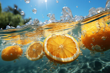 Creative illustration of oranges floating in water - obrazy, fototapety, plakaty