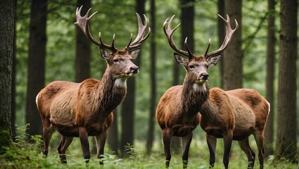 Naklejka na ściany i meble Two-red-deer--cervus-elaphus--standing-close-together-and-touching-with-noses-in-woodland-in-summer-nature--Wild-animals-couple-looking-to-each-other-in-forest--Stag-and-hind-smelling-in-wilderness
