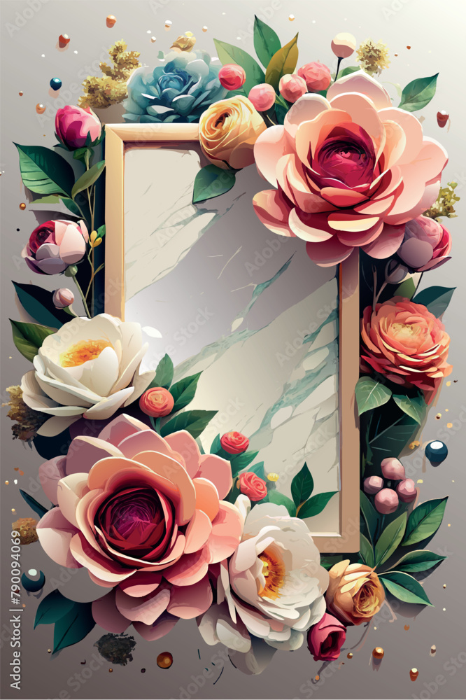 Poster a frame with a white background and a colorful bouquet of flowers. the flowers are arranged in a way
