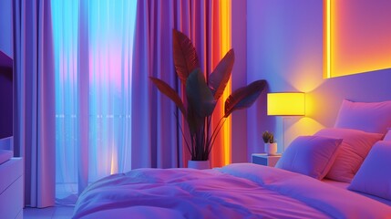 A minimalist neon-lit hotel room with clean lines and a cozy ambiance, featuring subtle neon accents that add a pop of color to the serene atmosphere.