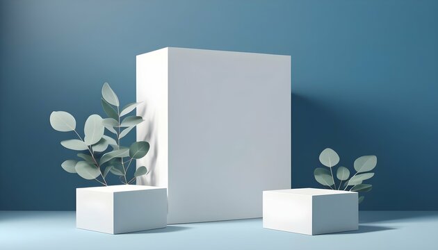 Abstract-empty-white-podium-cube-with-eucalyptus-leaves-and-shadows-on-blue-background--Mock-up-stand-for-product-presentation--3D-Render--Minimal-concept--Advertising-template