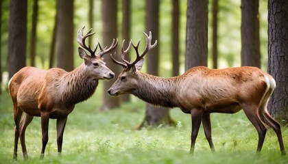 Obraz premium Two-red-deer--cervus-elaphus--standing-close-together-and-touching-with-noses-in-woodland-in-summer-nature--Wild-animals-couple-looking-to-each-other-in-forest--Stag-and-hind-smelling-in-wilderness 