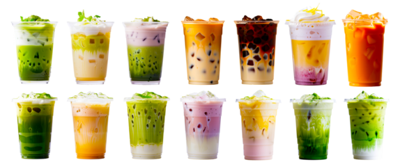 Set of beverage iced green tea and milk tea. Various flavored tea and milk tea drinks isolated on transparent background. 