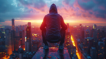 A solitary figure in a hoodie sits on a skyscraper's edge, overlooking the cityscape at sunset - obrazy, fototapety, plakaty