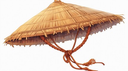 Capture the essence of Asian culture with a classic straw hat worn by Japanese samurai or Chinese farmers combined with a national braided headdress depicted in a lively cartoon 2d set agai