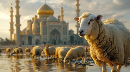 Obraz premium group of sheep with mosque in background, islam concept, eid mubarak