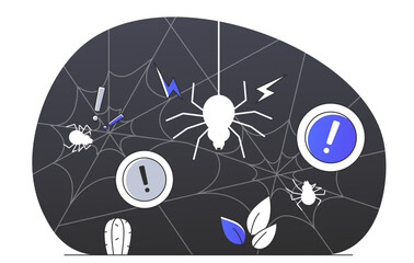 Spiders on a web with alert symbols, set against a dark background, depicting an abstract concept of danger or warning. Vector illustration