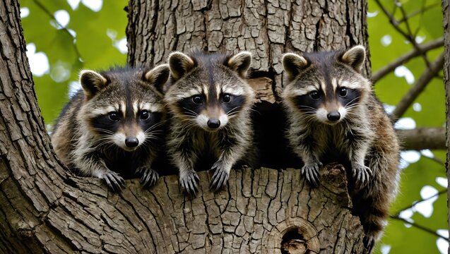 Photograph-of-three-young-raccoons-scrambling-over-each-other-to-peer-out-a-hole-in-a-large-tree-in-the-midwest