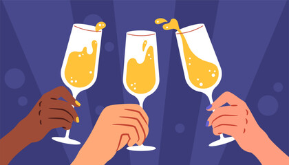 Four hands clinking champagne flutes with splashing liquid, on a dark blue background, concept of celebration. Flat vector illustration © Rudzhan
