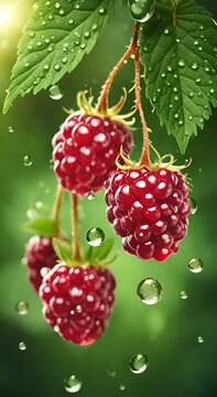 juicy red raspberries under a stream of fresh water with lots of waterdrops against a green blurred background, slow motion zoom, fresh vertical food video.