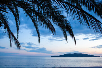Sea sunset with palm leaves on clouds background and island. Tropical seascape for publication,...