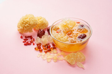Peach Gum Soup and Ingredients on a Monochrome Background