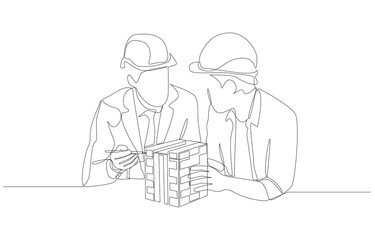 Continuous one line drawing of construction manager discussing building model with customer, construction design consultation concept, single line art.