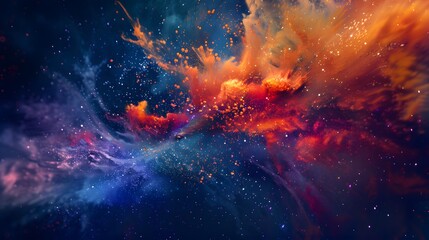 space with dynamic color splashes against a deep sapphire background, captured in realistic high...