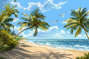 Fototapeta na wymiar Peaceful beach scene with calm ocean waters and clear blue sky. Serene oasis of solitude