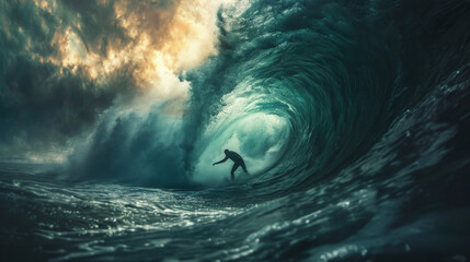 a surfer surfs a big wave - obrazy, fototapety, plakaty