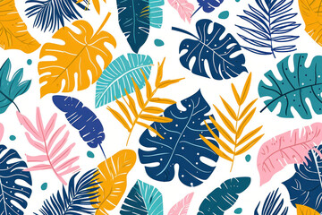 Fototapeta na wymiar Colorful Tropical Leaves and Palm Fronds Seamless Pattern on White Background for Summer Designs and Decorations