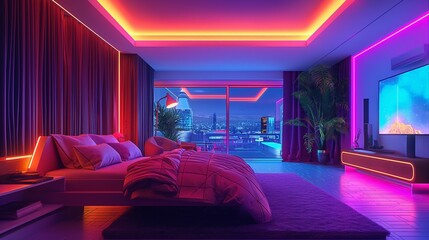A surreal scene of a neon-lit hotel room, with vibrant colors blending together to create an otherworldly atmosphere that captivates the imagination.