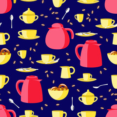 Vector - breakfast equipement seamless pattern, with pretzels and coffee beans.