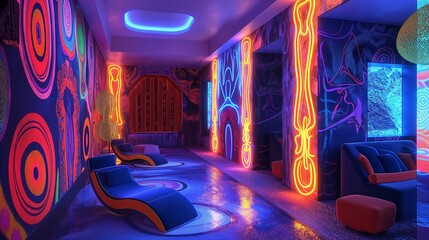 A surrealistic interpretation of a neon-lit hotel room, featuring abstract shapes and patterns illuminated by the neon lights, creating a dreamlike ambiance.