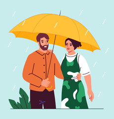 Two people standing under a yellow umbrella in the rain, illustration on a light blue background depicting companionship. Flat vector illustration