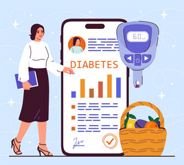 Woman with diabetes management elements, graphs and a blood glucose meter, on a light blue background, portraying health awareness. Flat vector illustration