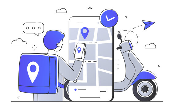 recommend clip art: Delivery person with a smartphone near a scooter and a location pin, white background, concept of mobile navigation and delivery service. Flat minimal style vector illustration
