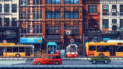 A busy city street with a yellow bus and a red car