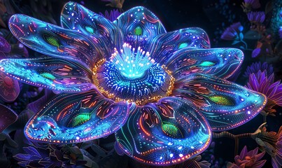 Paint a surreal, vibrant Acrylic artwork depicting a giant, luminescent fluorescent flower with intricate patterns and iridescent petals