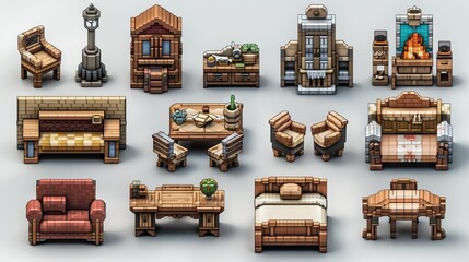 pixel art set isolated home living room, furniture items, including beds, chairs, tables, and sofas, game assets