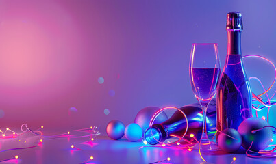 party background with bottle champagne wine with glass colorful ultraviolet - obrazy, fototapety, plakaty