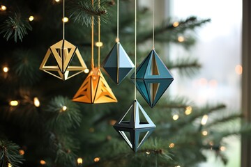 Incorporate some unique and eye-catching geometric-shaped Christmas ornaments for added visual interest. Ai generated