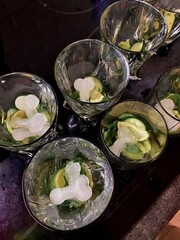 glasses with ice and mint before starting to prepare a refreshing cocktail