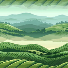 Lush green tea plantations rolling hills seamless illustration