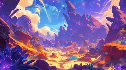 Fototapeta na wymiar Explore a vibrant fantasy world filled with purple alien planets cartoon backgrounds and breathtaking landscapes featuring majestic mountains and rocky terrains Embark on an adventure to unc