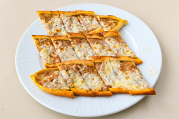 Kiymali pide. Turkish pide with minced meat. Turkish pizza mince pita Pide on white background. Etli ekmek. Kusbasi kasarli, kiymali kasarli, kiymali yumurtali, Bafra, Trabzon, Kusbasili pide.