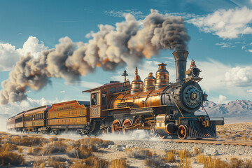 Fototapeta premium Old steam train passes through the fields