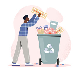 Man discarding medications in a recycling bin, vector illustration on a pink background, concept of proper disposal. Flat vector illustration