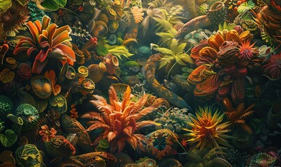 Naklejka na ściany i meble Produce a detailed oil painting capturing an aerial view of an otherworldly, uncommon botanical sanctuary, showcasing vibrant, surreal plant life and fantastical scenery