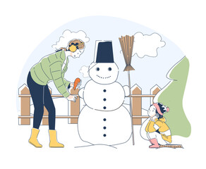 Concept of winter leisure outdoors activities. Mother and daughter building a snowman together in a winter scene, line art style vector illustration on a light background, concept of winter activities