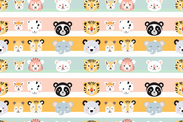 cute animal faces on striped pastel backgrounds